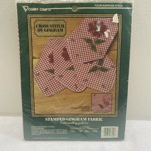 Vogart Crafts Cross Stitch Gingham Checkered Napkins Stamped Floral Pattern.